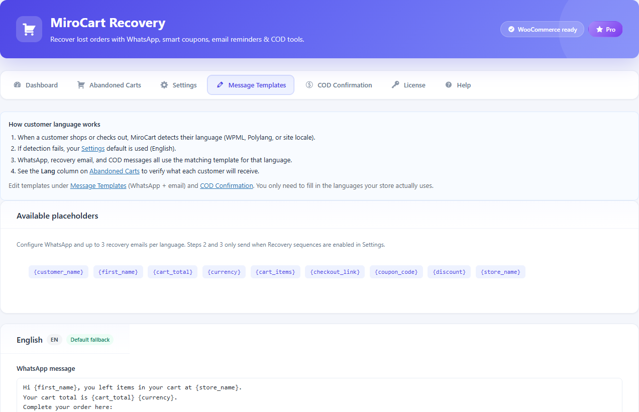 Message templates with placeholders for email and WhatsApp