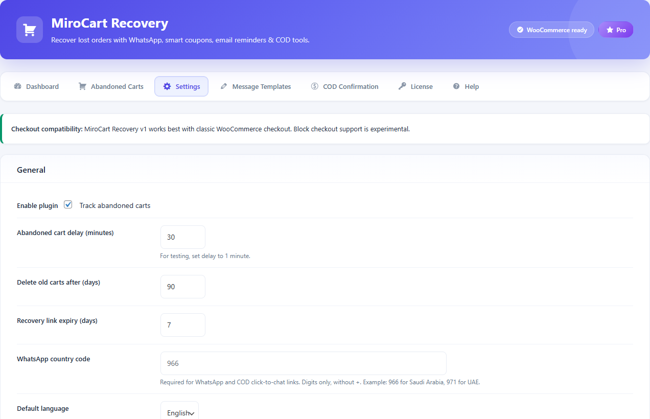 Recovery settings — delay, expiry, and WhatsApp country code