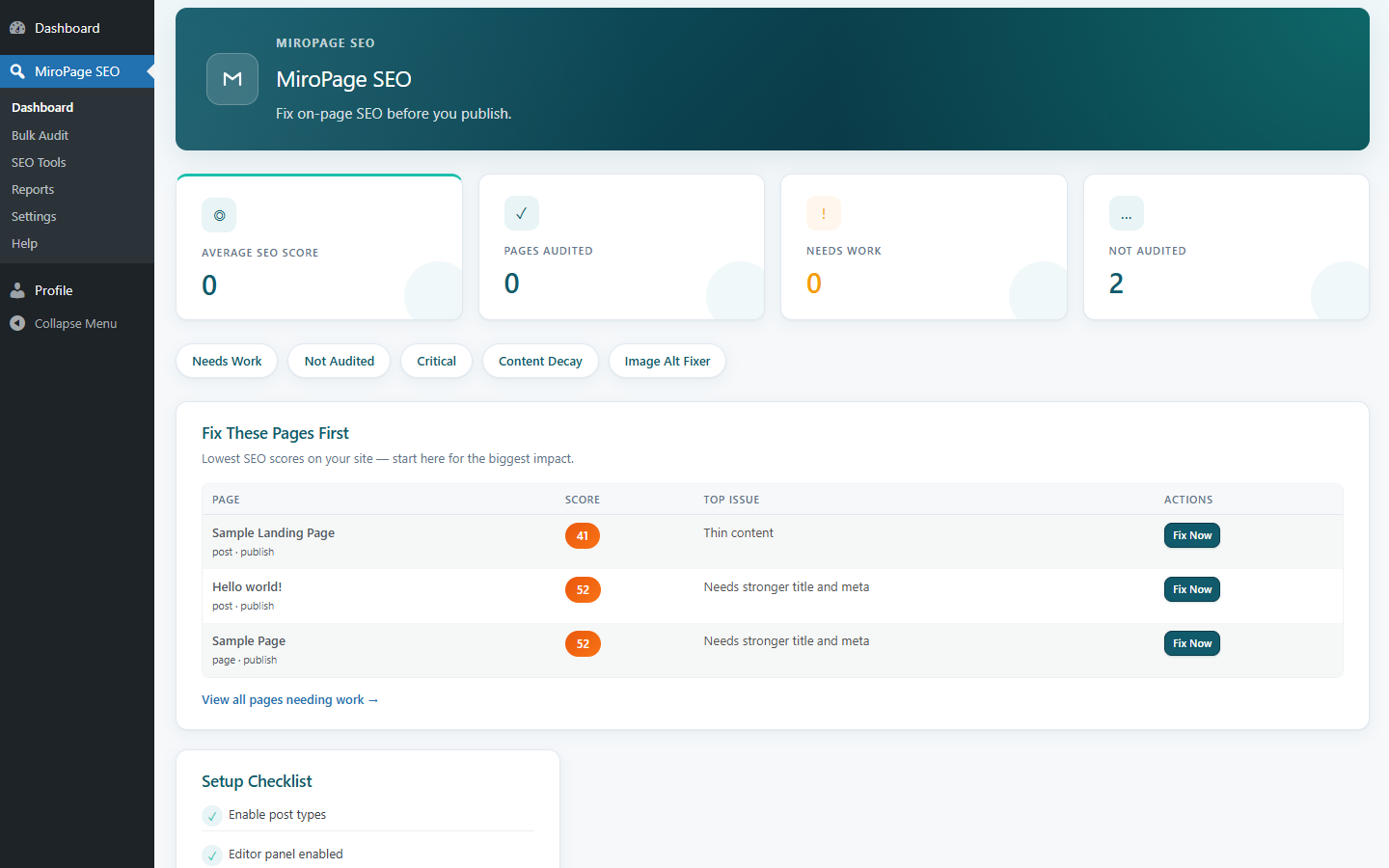 MiroPage SEO dashboard — lowest scores and fix queue
