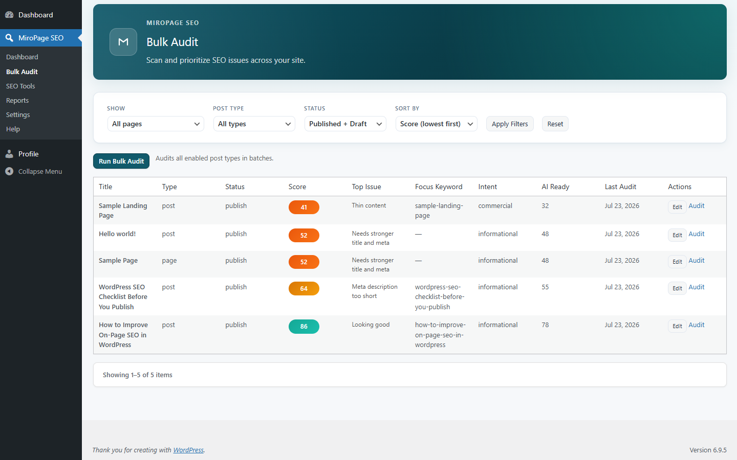 Bulk Audit table with SEO scores, issues, and intent