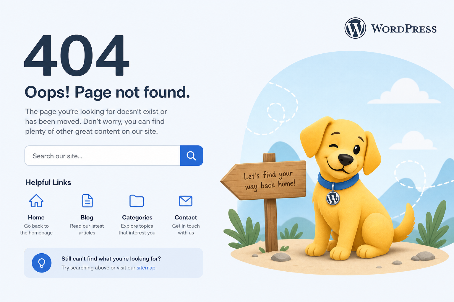 Helpful WordPress 404 error page with search and navigation links