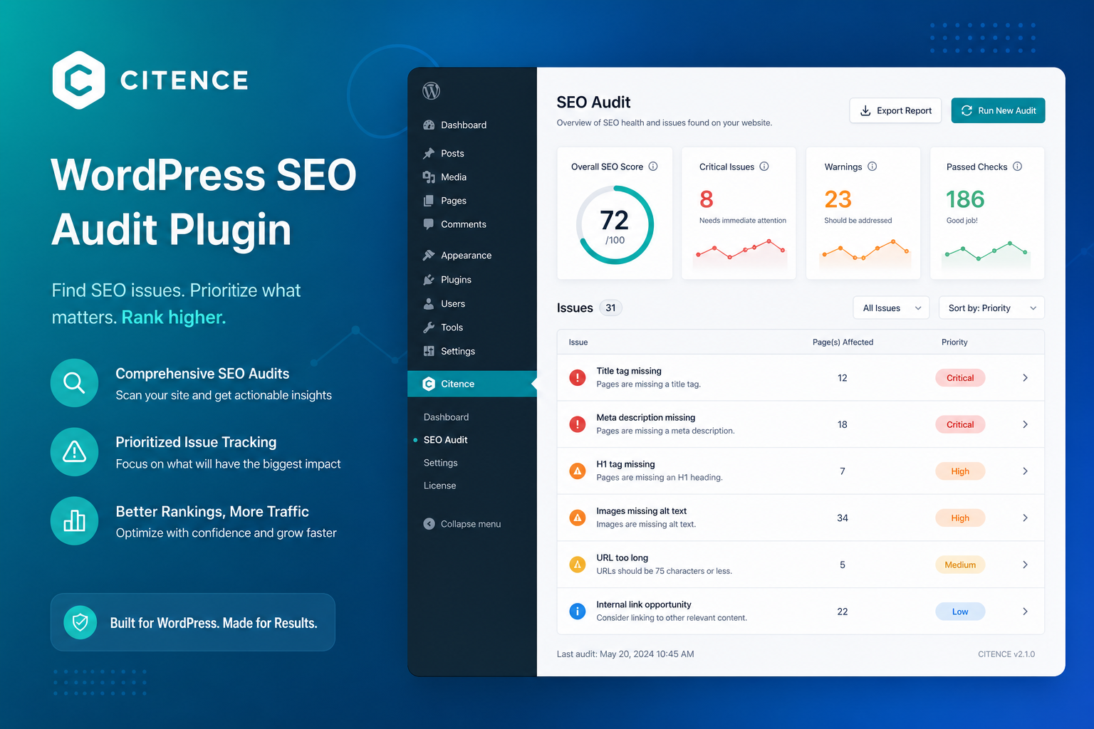 Citence WordPress SEO audit dashboard with issue priority queue