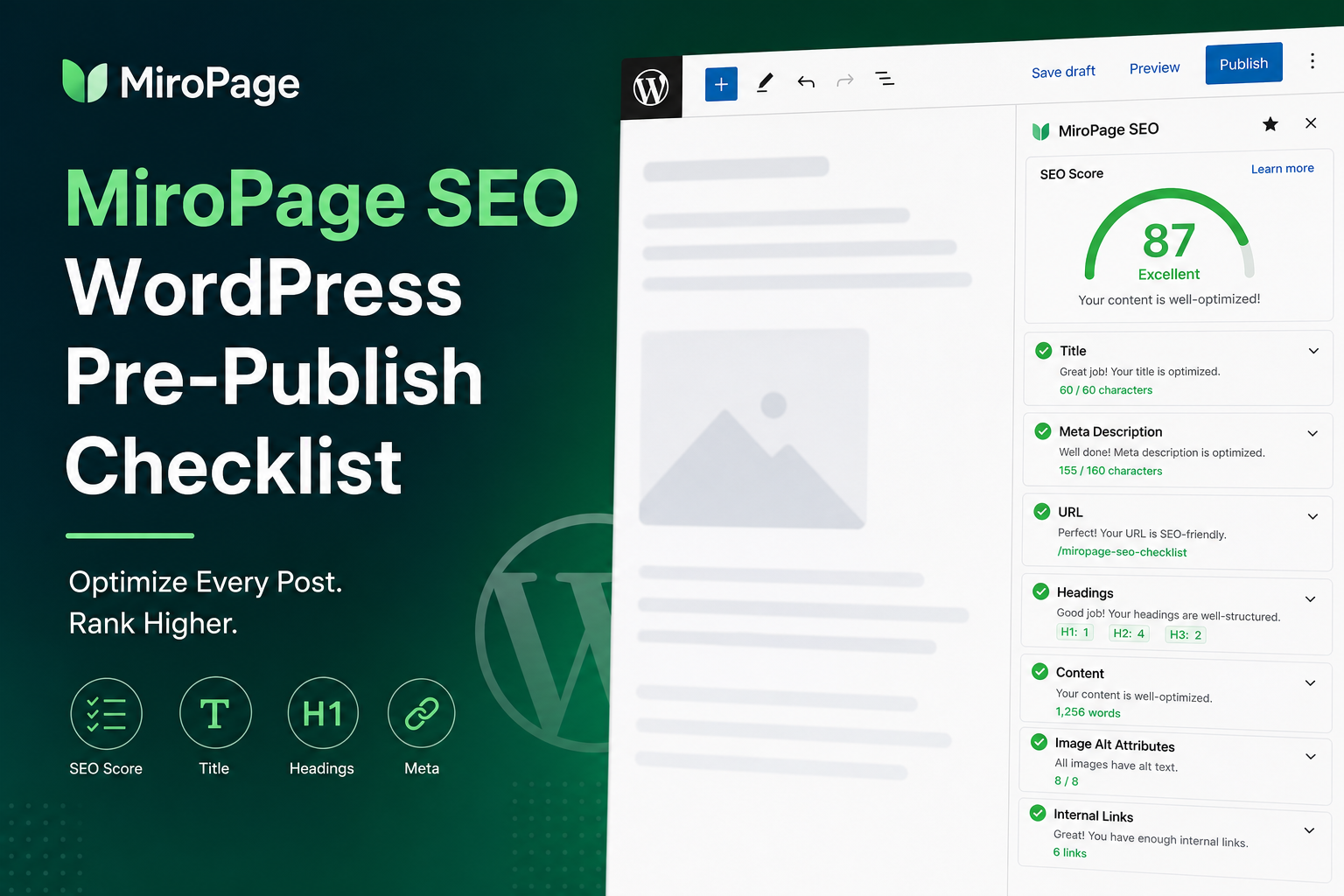 MiroPage SEO pre-publish audit checklist in WordPress editor