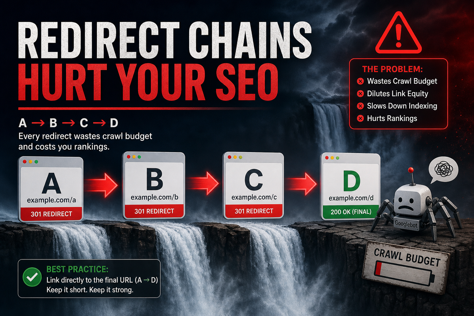 WordPress redirect chain A to B to C diagram hurting SEO