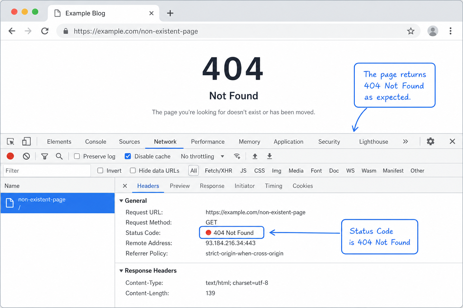 HTTP 404 status verification with curl and browser devtools