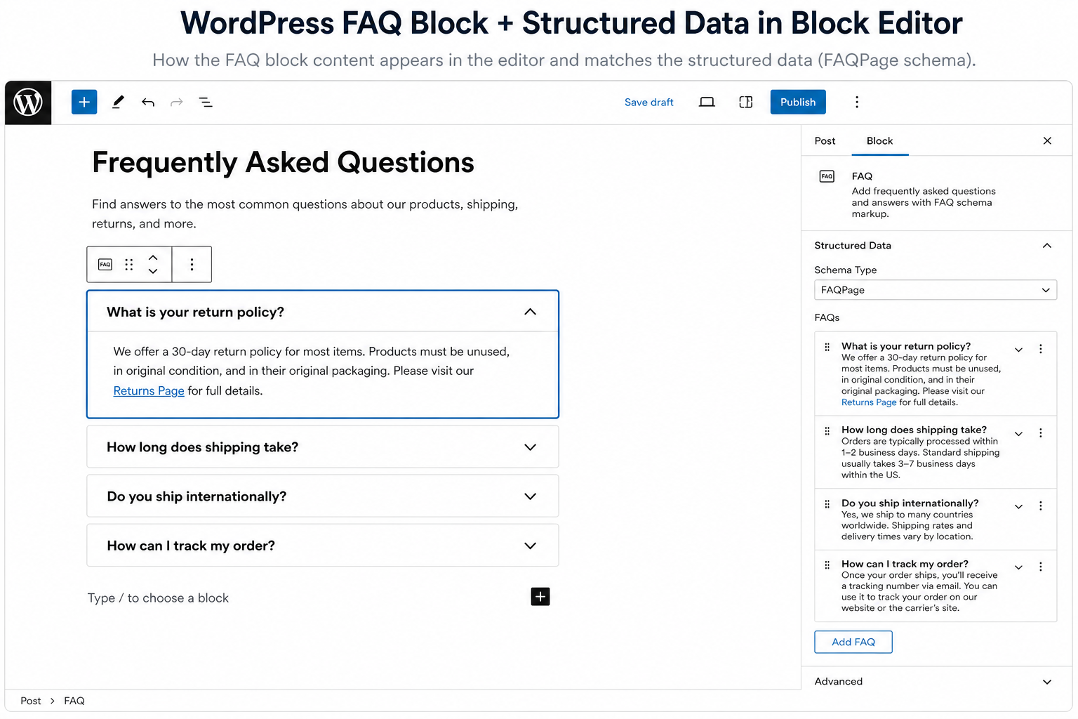 WordPress block editor FAQ section with matching structured data