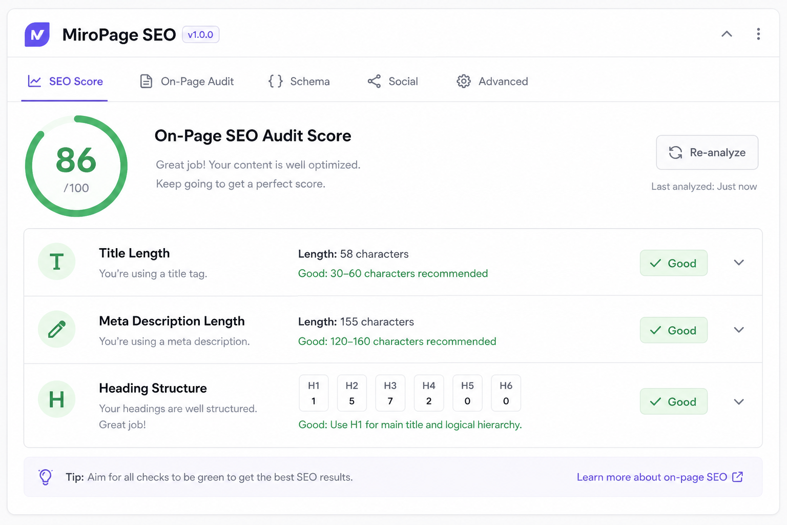 MiroPage SEO on-page score panel for title meta headings