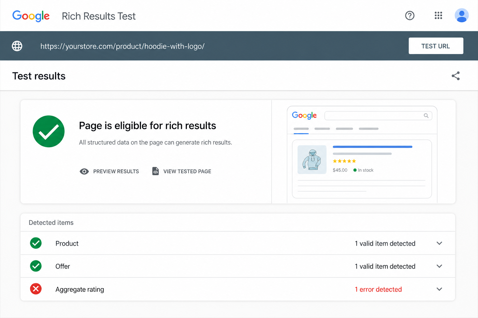 Google Rich Results Test showing product schema pass and fail states