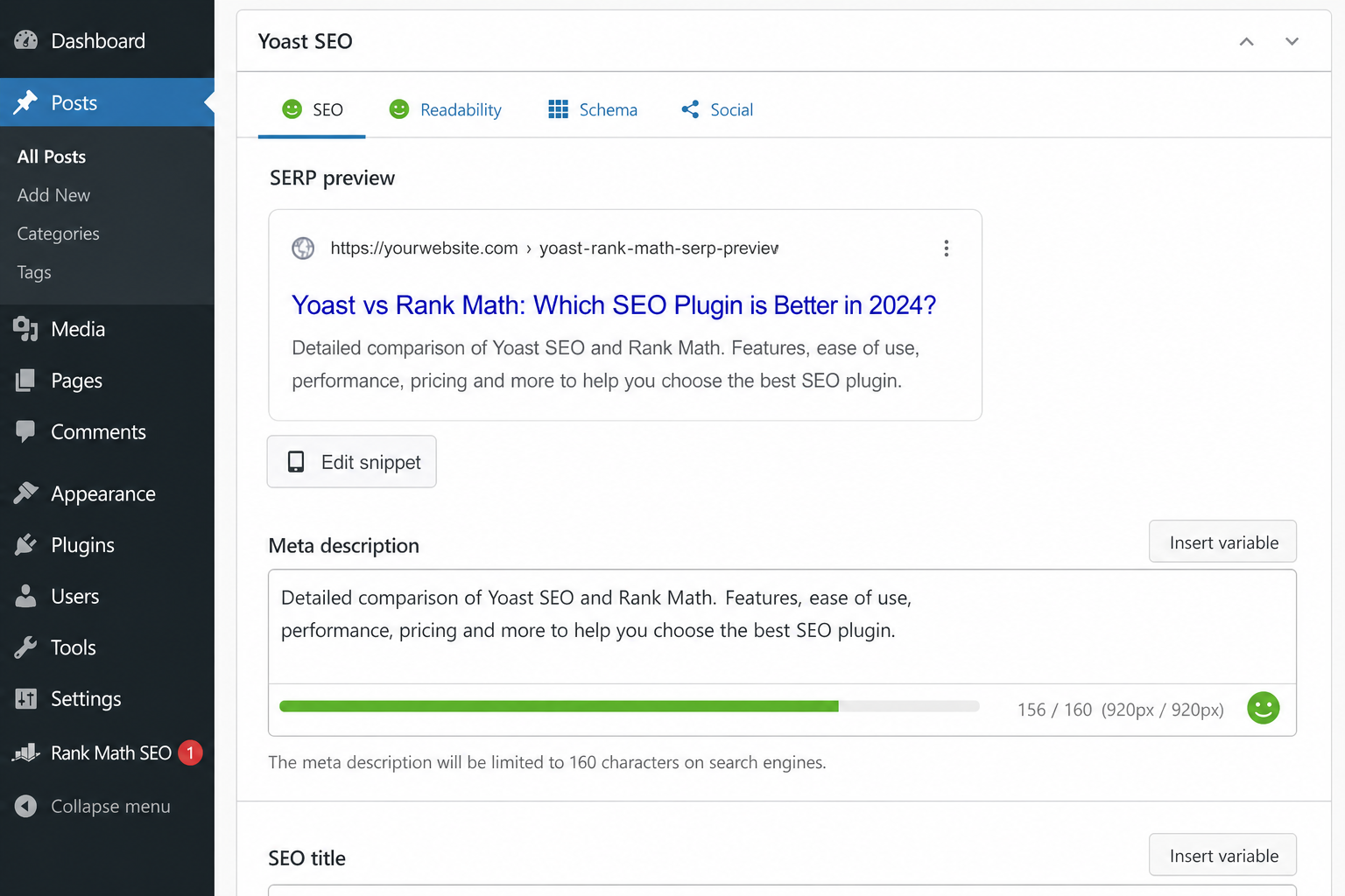 WordPress SEO plugin SERP snippet preview for meta description