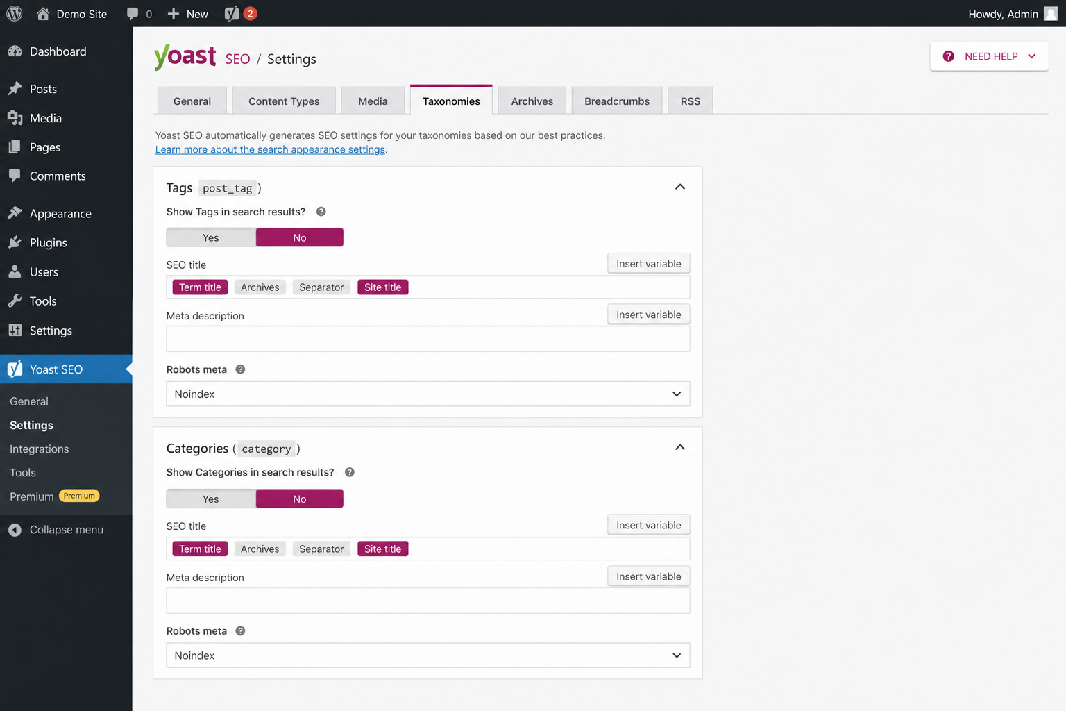 Yoast or Rank Math taxonomy noindex and sitemap settings