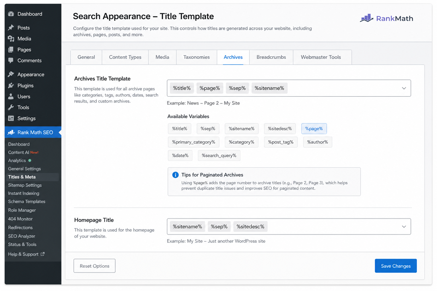SEO plugin title template settings fixing paginated archive duplicates